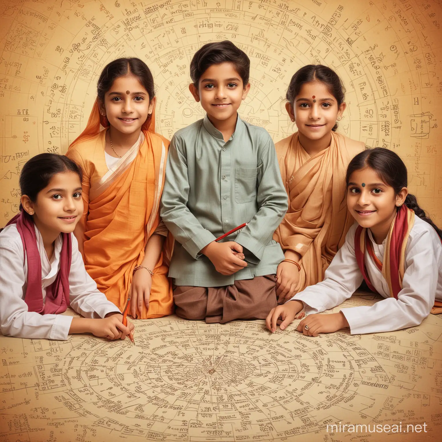 Design a flyer in which boys and girls soving vedic maths in a photo