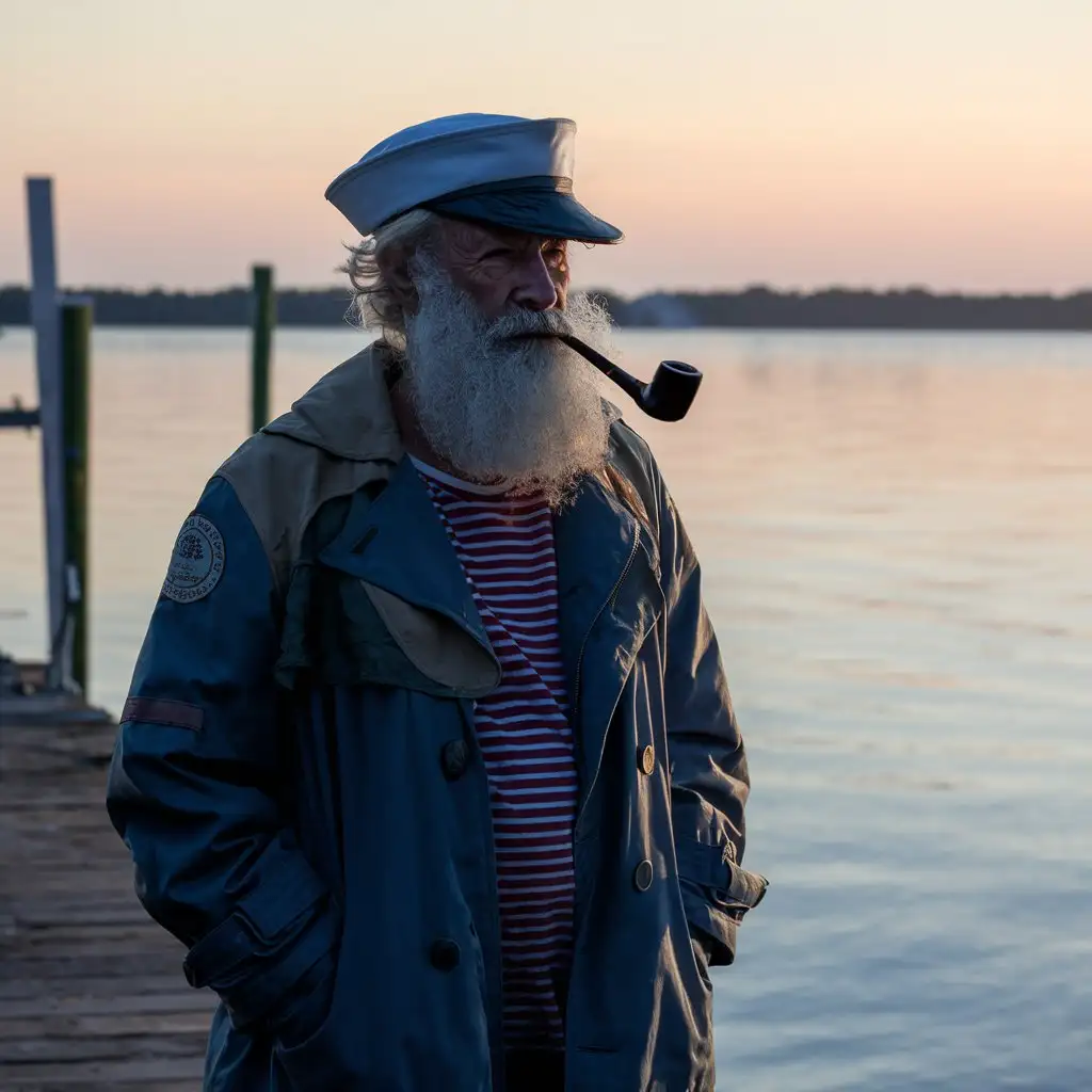 An elderly man who has seen worse days. They have a bushy white beard and has a droopy eye. They are wearing a sailor hat, a navy blue trench coat, a striped undershirt, and has a pipe in their mouth. Standing on a dock at evening.