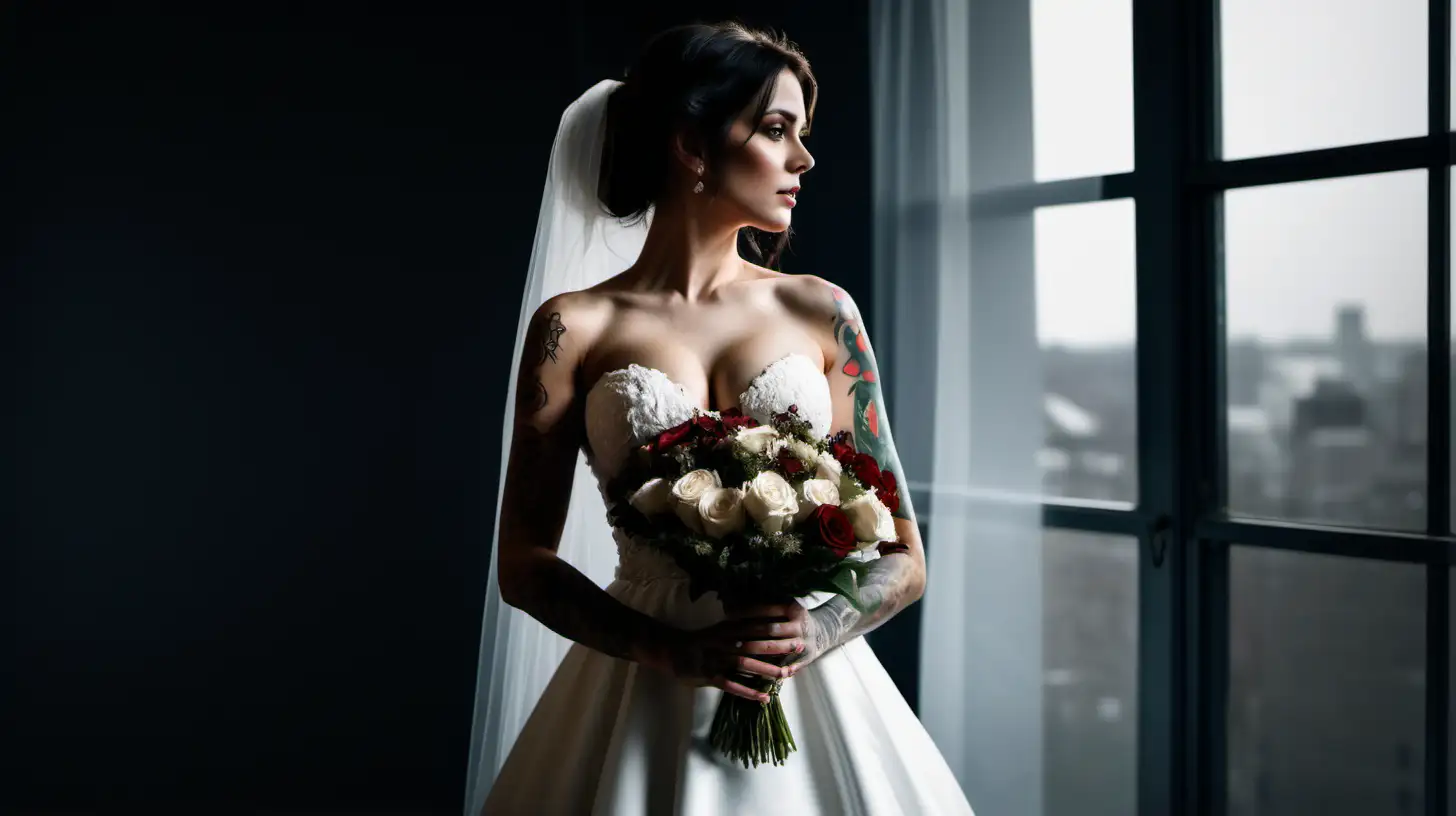 DarkHaired Bride with Floral Bouquet in Intimate Window Gaze