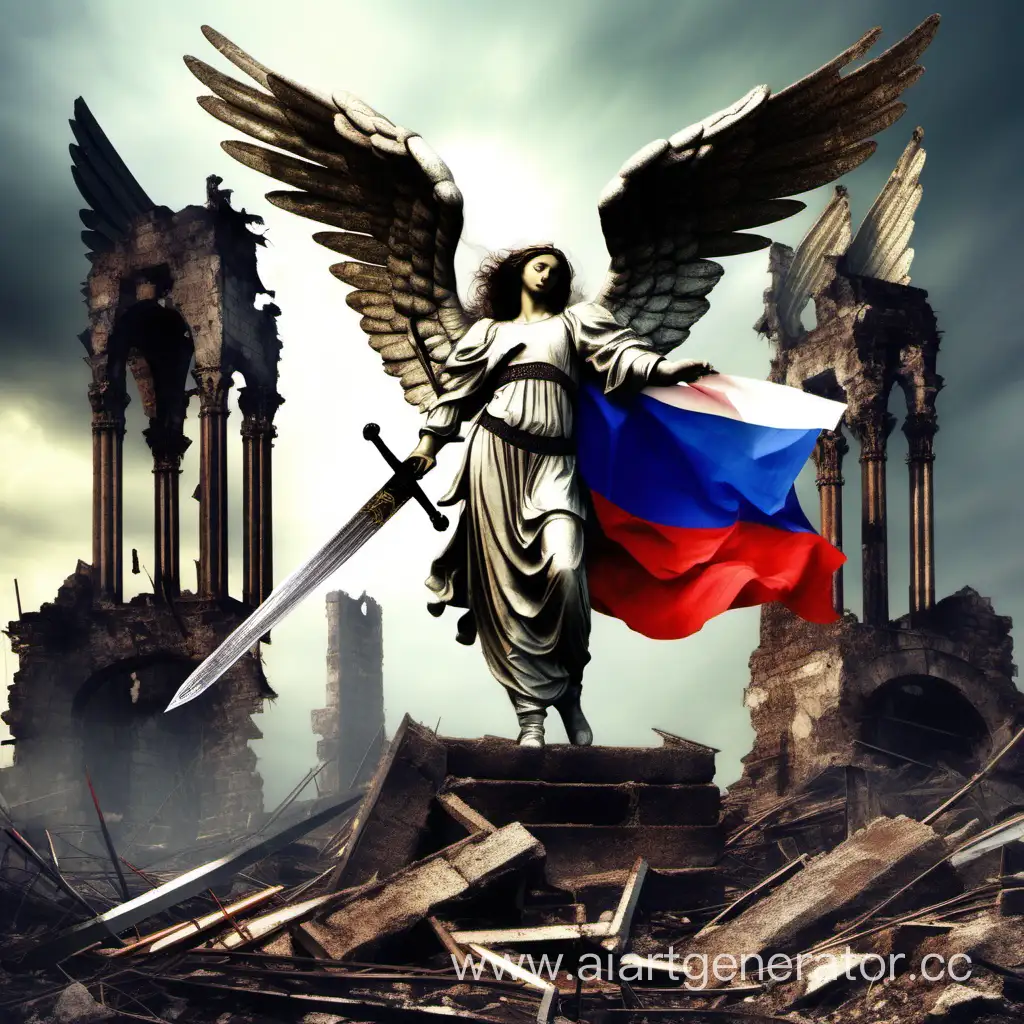 Ангел с мечом и российским флагом на руинах