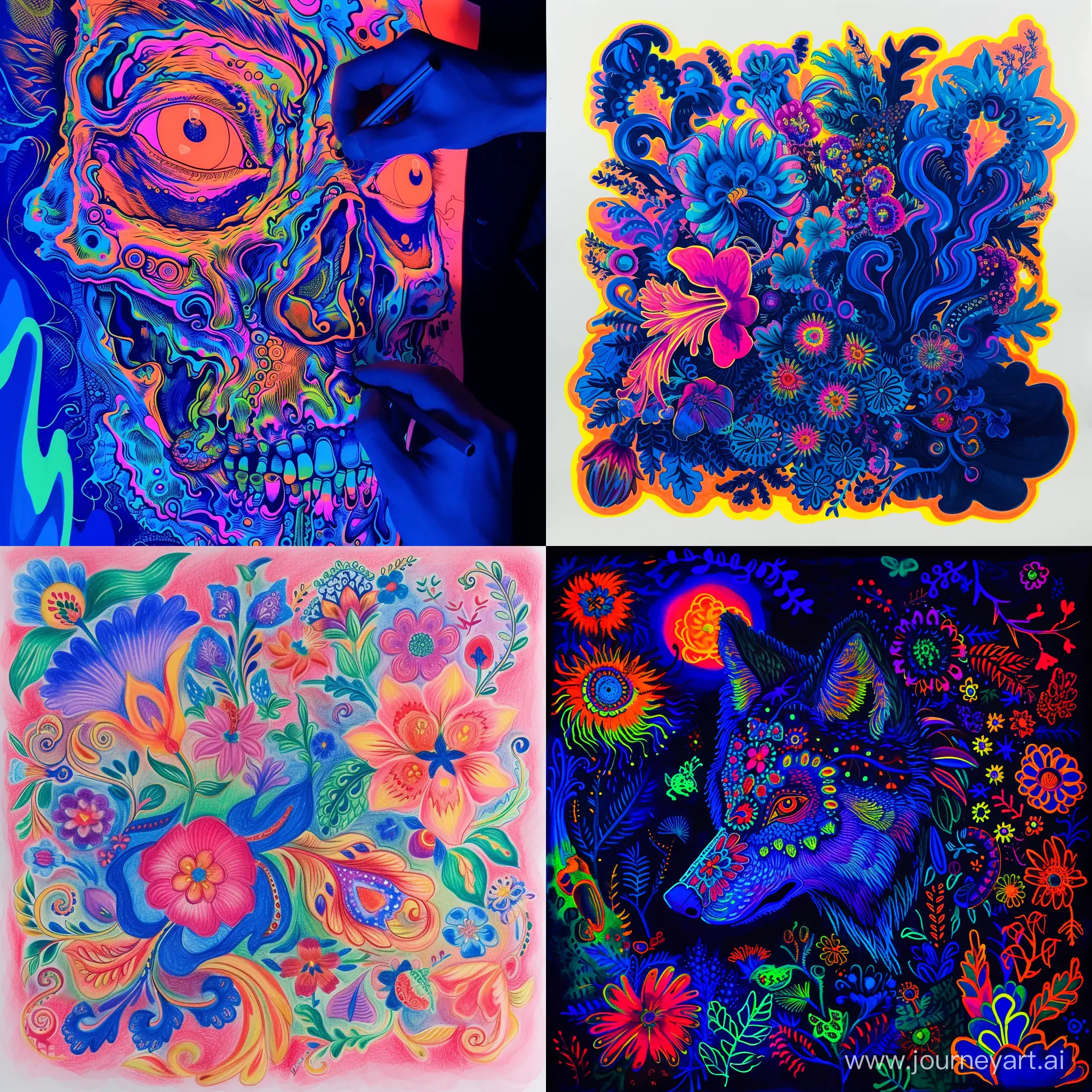 Gzhel-Style-Drawing-on-Fluorescent-Paper-Vibrant-and-Traditional-Artistry