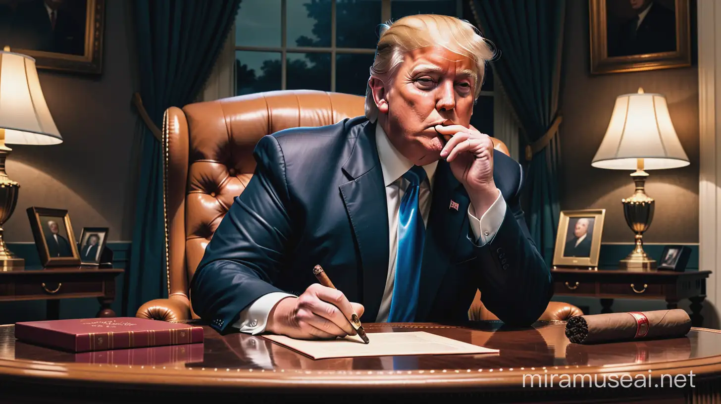 An illustration of donald trump in the Oval Office smoking a cigar. The atmosphere is dark, implying victory and dominance.