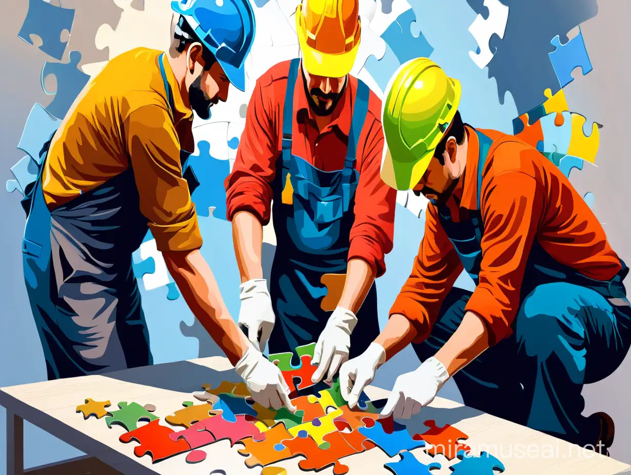 worker men connecting puzzle parts together , digital art style