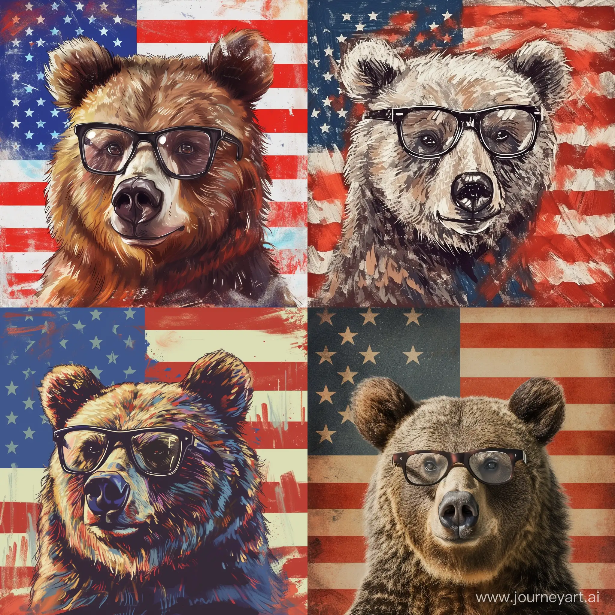 медведь в очках на фоне флага соеденнёных штатов себири 
