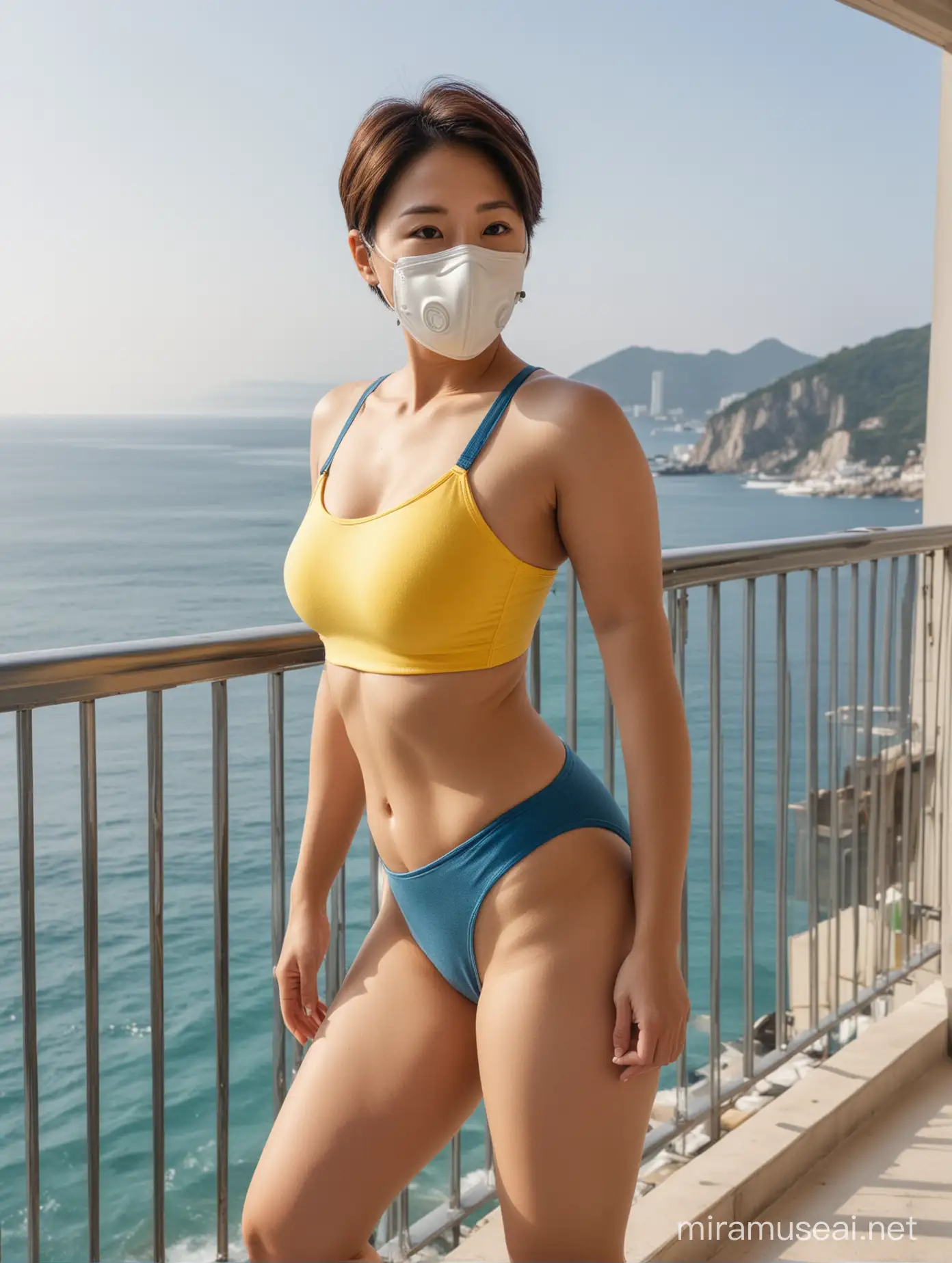 side angle view, an attractive, bodacious, short-haired korean woman in her 30s, in a respirator mask, standing with legs spread, on a balcony by the sea, wearing a padded yellow front-zip sports bra, and knit blue and white bikini bottoms