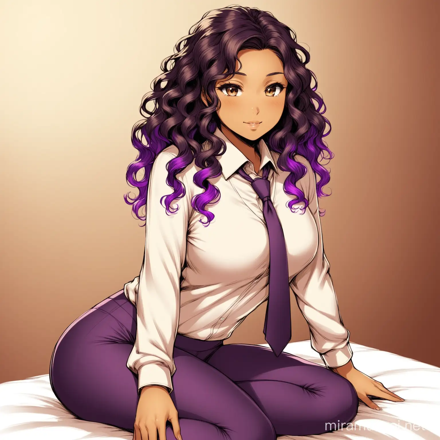 Sepia-toned skin
Curly hair that fades from black to a vibrant purple ombre
Considered very attractive by most, though she doesn't seem aware of it
When not working, she prefers comfortable sweaters and yoga pants
For the news, she wears professional suits and ties. NSFW