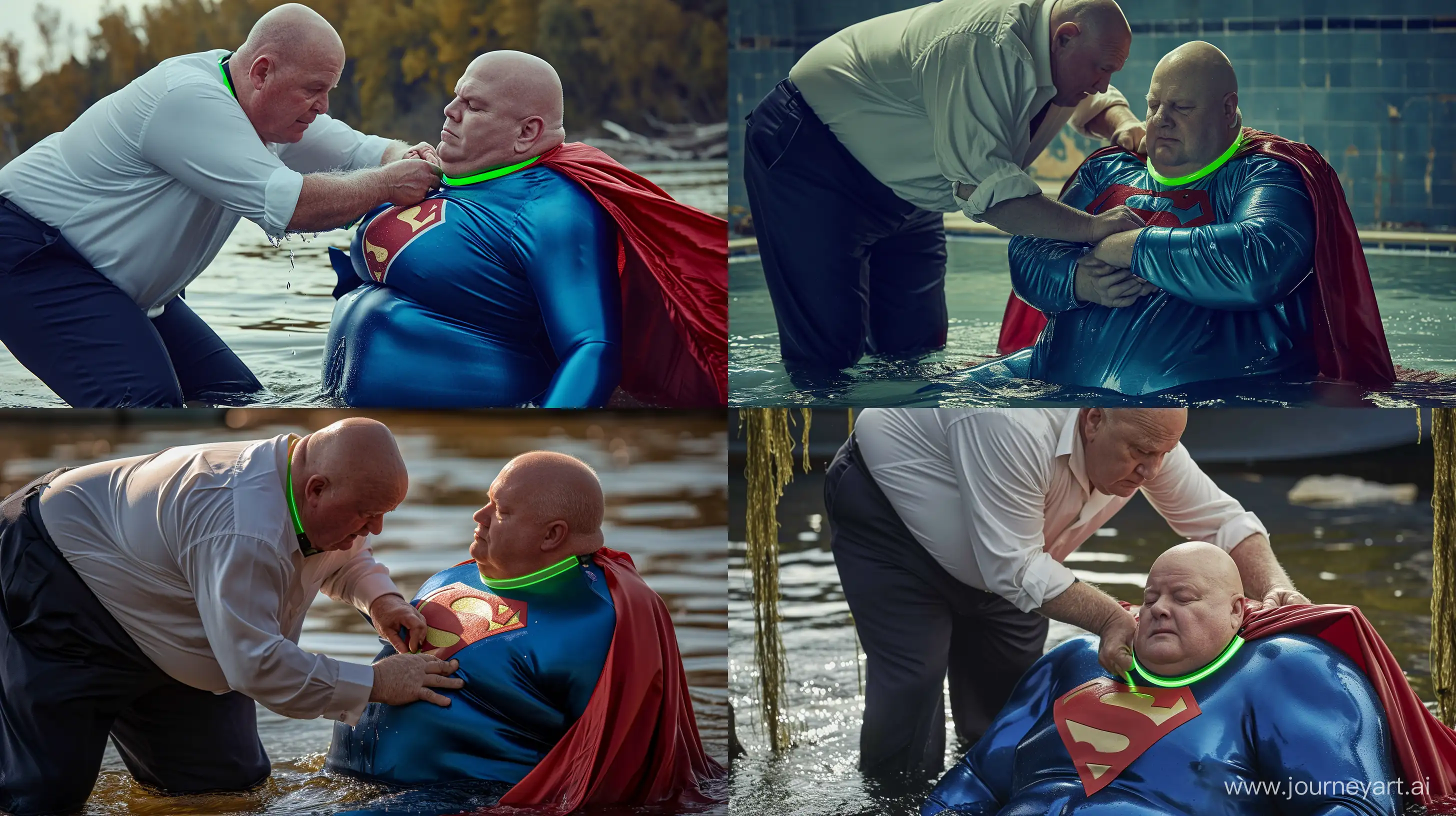 Closeup photo of a chubby man aged 60 wearing silky navy business pants and a white shirt, bending and tightening a wide green neon short dog collar on the neck of another chubby man aged 60 sitting in water and wearing a tight blue silky soft superman costume with a large red cape. River. Bald. Clean Shaven. --style raw --ar 16:9 --v 6