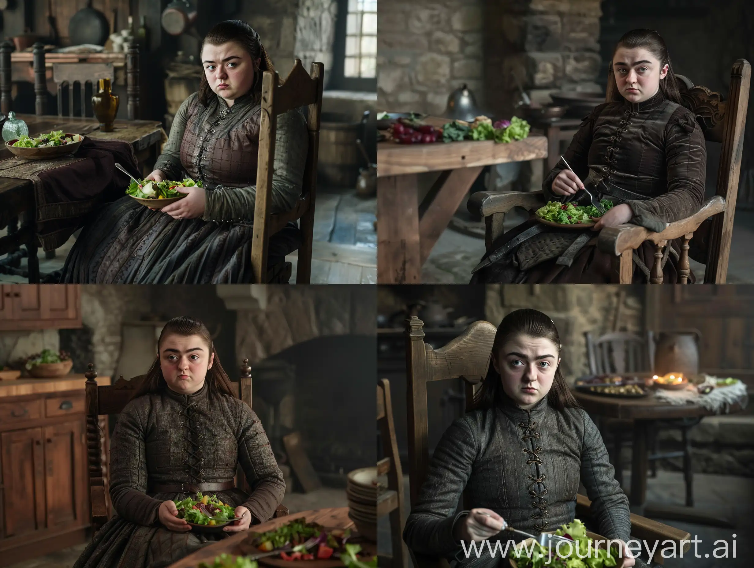 Arya Stark is in Game of Thrones, Arya Stark is rounder, Arya Stark is very, very fat, Arya Stark is sitting on a wooden chair in the kitchen of Winterfell Castle, Arya Stark is eating salad with a fork, Arya Stark is looking at the camera It doesn't, the camera showing a fat Arya Stark from a distance in a three-quarter profile, the style of The Witcher, the lighting is classic, realistic, q2