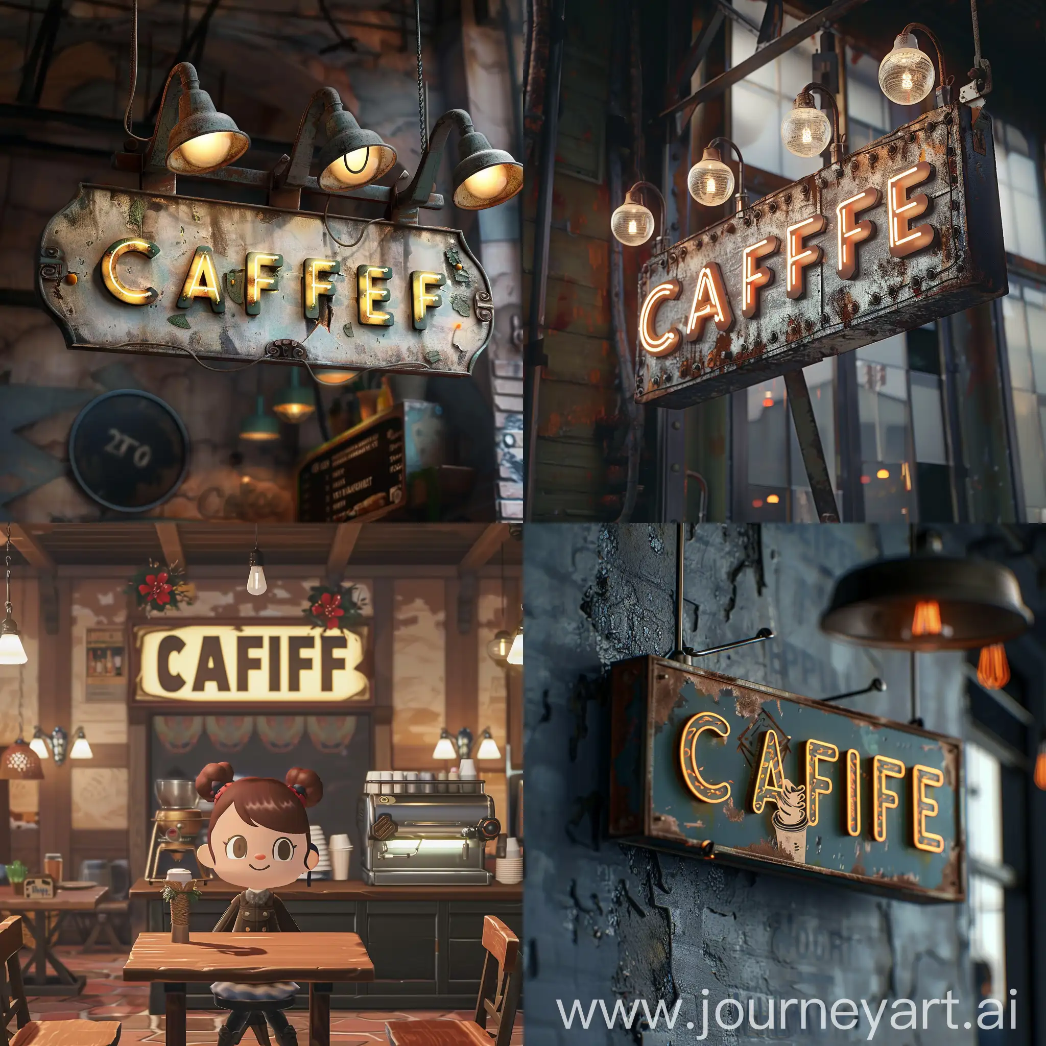 generates a photo of a café sign with a realistic character