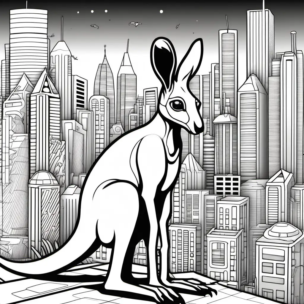 /imagine colouring page for kids, Kangaroo in a futuristic city, thick lines, low details, no shading --ar 9:11
