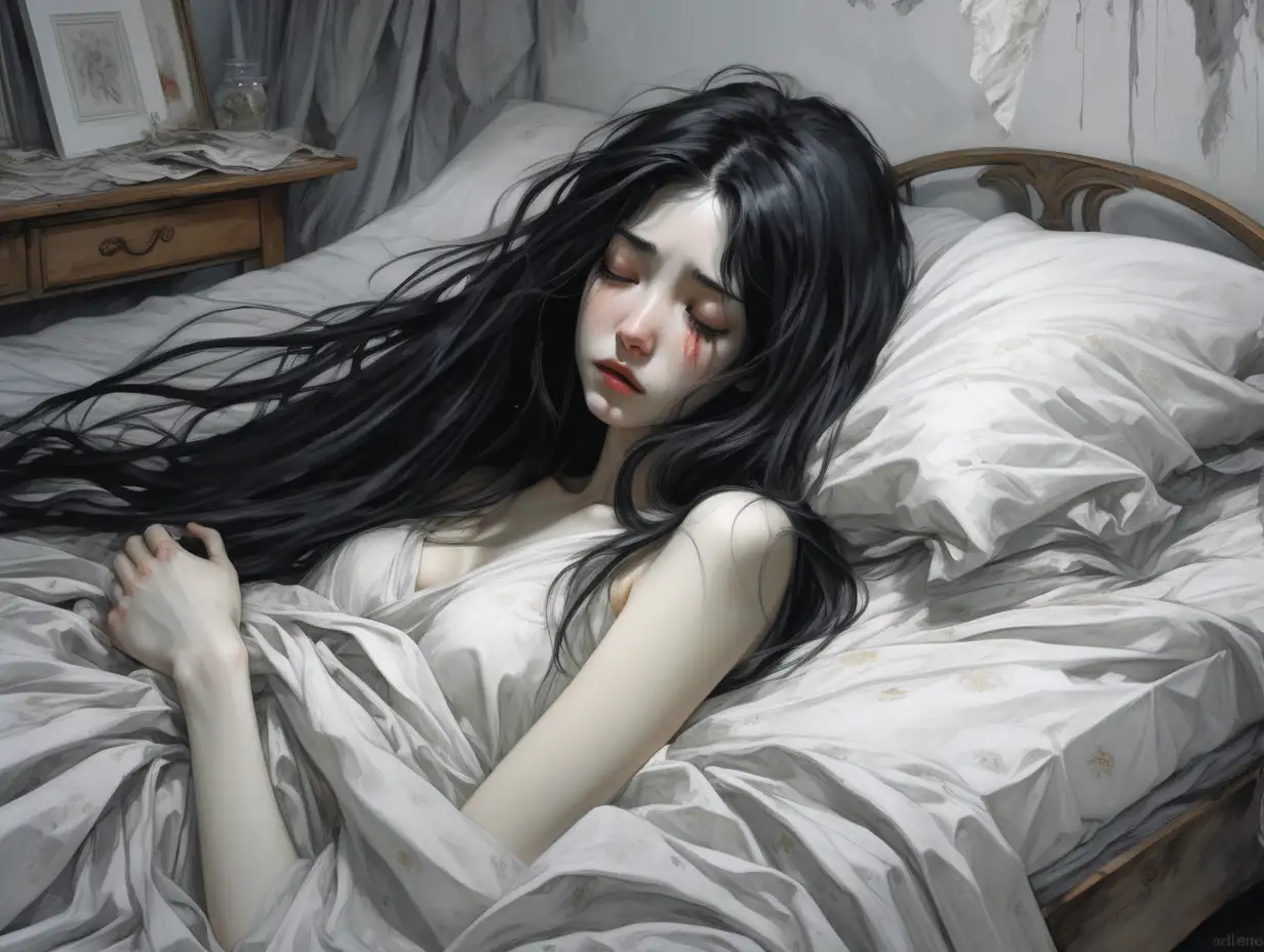 Chica,pelo negro largo , pálida, delgada, el estilo artístico es de Amano con técnicas de pintura clásica. Se despierta en su cama y se está tapando los ojos con la manos porque está llorando , tiene el pelo despeinado , las sábanas de la cama son blancas y la habitación gris.  Solo se ve la cama . Ella se ve cansada y tumbada 