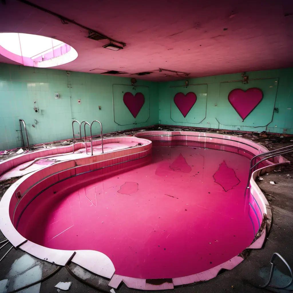 freeform shaped empty swimming pool at abandon hotel with a heart sign. pink. no water