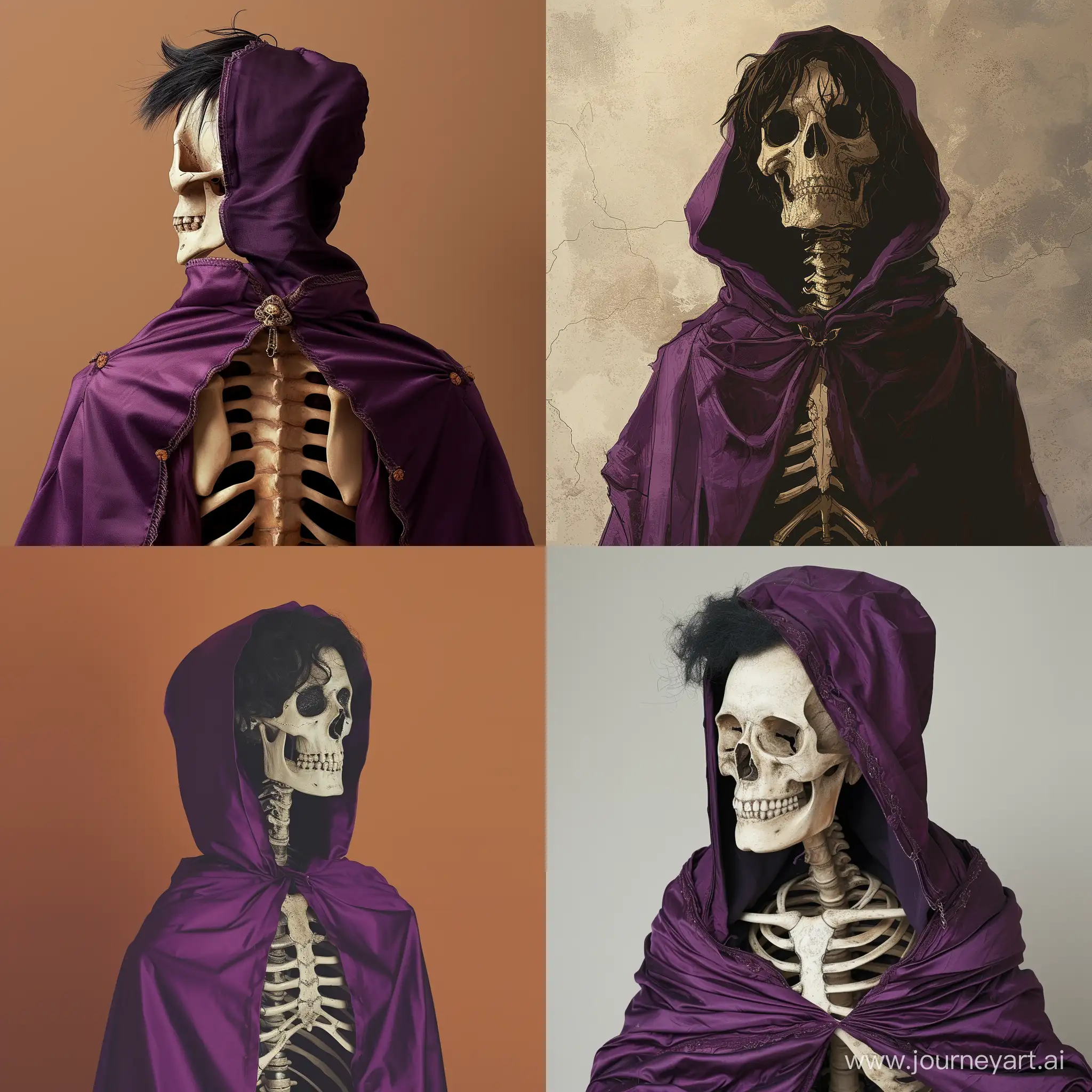 Человек с головой - скелеттом в фиолетовом плаще с капюшоном и средними чёрными волосами
