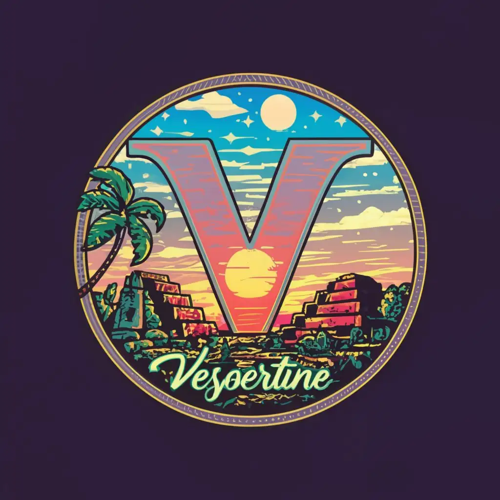 logo, Logo Symbol: vaporwave style, large letter V in center, sunset in background, stars in the sky, palm trees and Mayan ruins, Greek sculpture, jungle border, in circular badge, with the text "Vespertine", typography, be used in Travel industry
