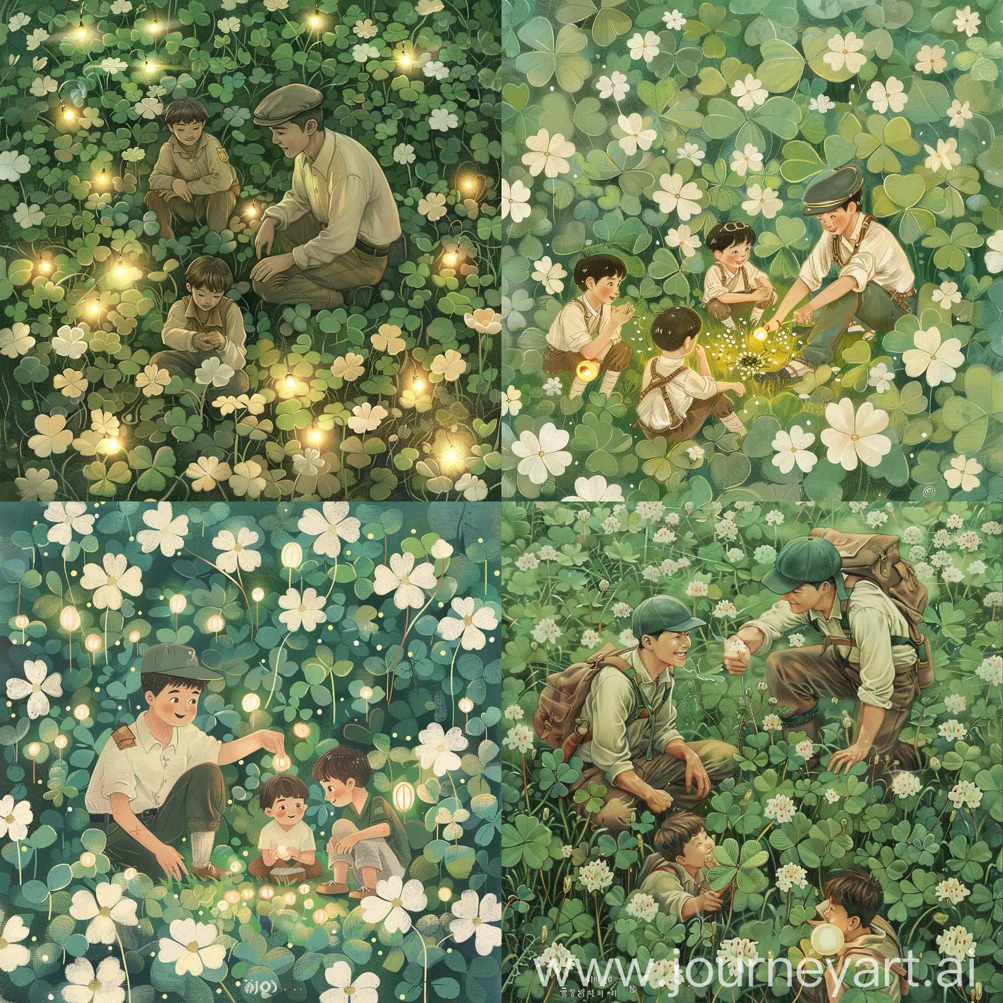 Fantasy-Exploration-Korean-Male-Explorer-and-Curious-Boys-Amidst-Mystery-Clover-White-Flowers