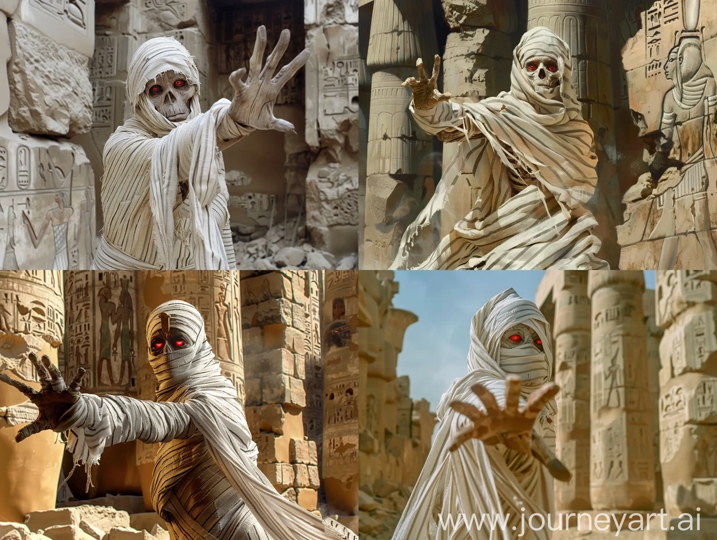 An ancient mummy, wrapped in long white striped cloths, stands awkwardly, stretching out his hand to the camera, with red eyes, surrounded by an ancient Egyptian temple whose walls have been destroyed.