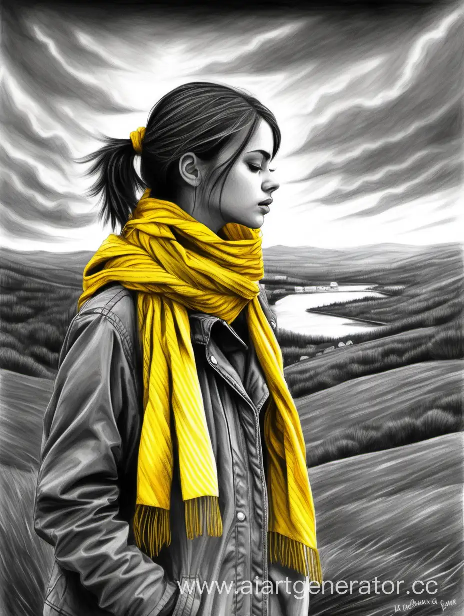 Emotional-Pencil-Art-20YearOld-Girl-in-Grey-Jacket-Contemplating-Life-with-a-Yellow-Scarf