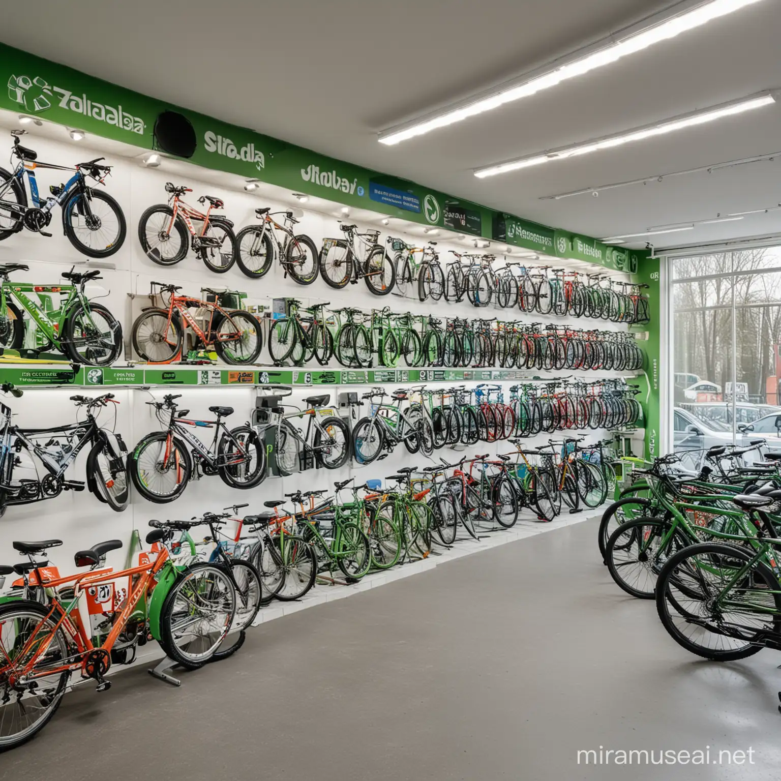 View of the inside space of a modern bicycle repair shop branded with Skoda elements and colors in all available walls and windows. The place has a row of bicycles on one side and a walls decorated with bicycle posters and paraphernalia

