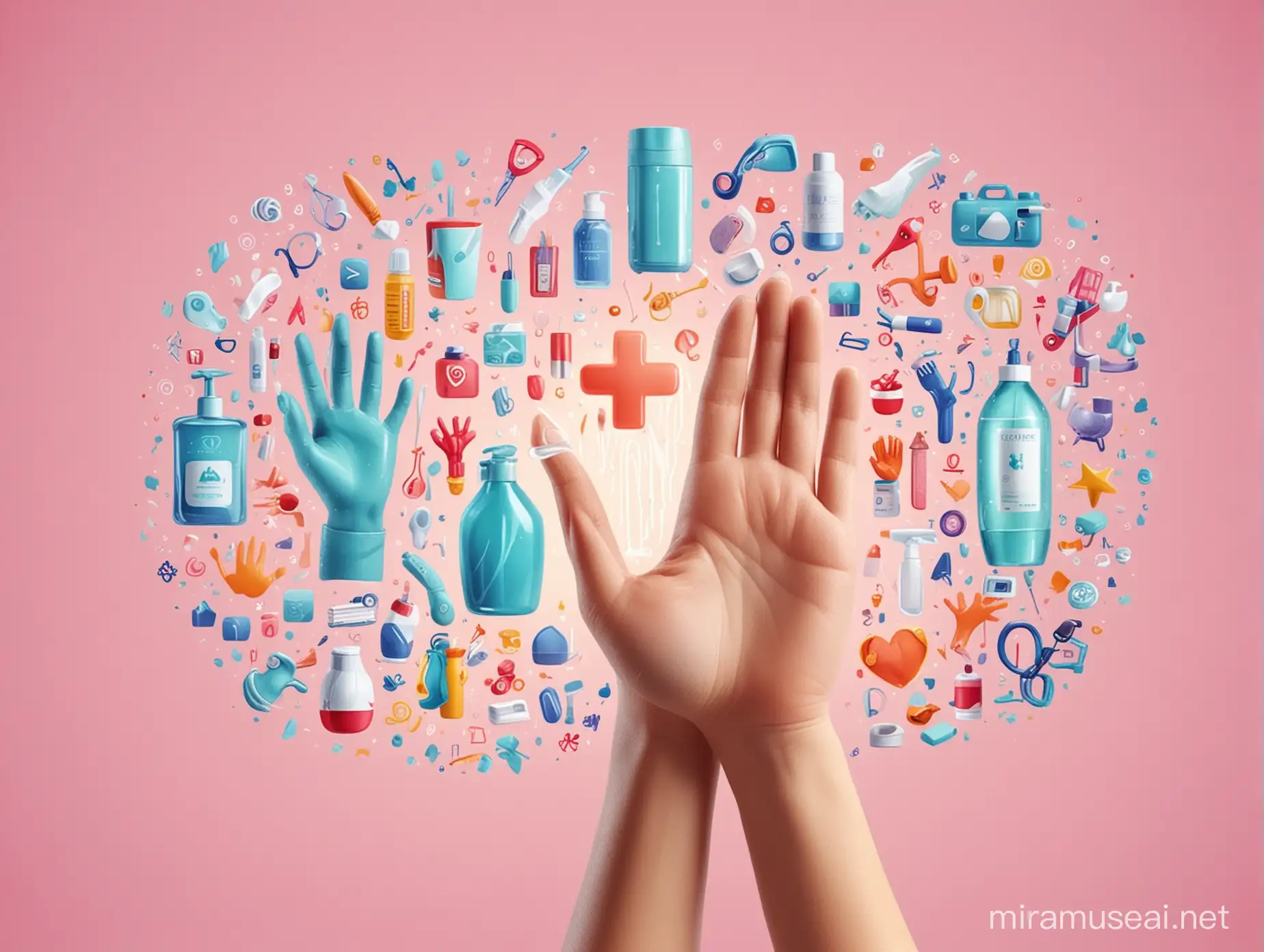 /imagine prompt: A digital art poster celebrating World Hand Hygiene Day 2024, with AI and healthcare technology symbols intertwined with images of healthcare professionals practicing hand hygiene, vibrant colors on a pastel background, in the style of modern vector art. Created Using: Vector illustration software, digital art tools, flat design, health campaign motifs, vivid style, engaging composition, educational elements, HD quality, natural look --ar 16:9 --v 6.0