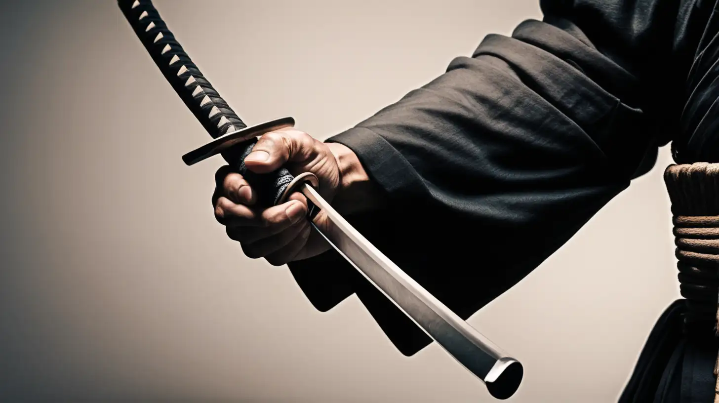 A close-up of a samurai's hand gripping the hilt of his katana, the tension evident in his muscles as he prepares to draw the blade in defense of honor.