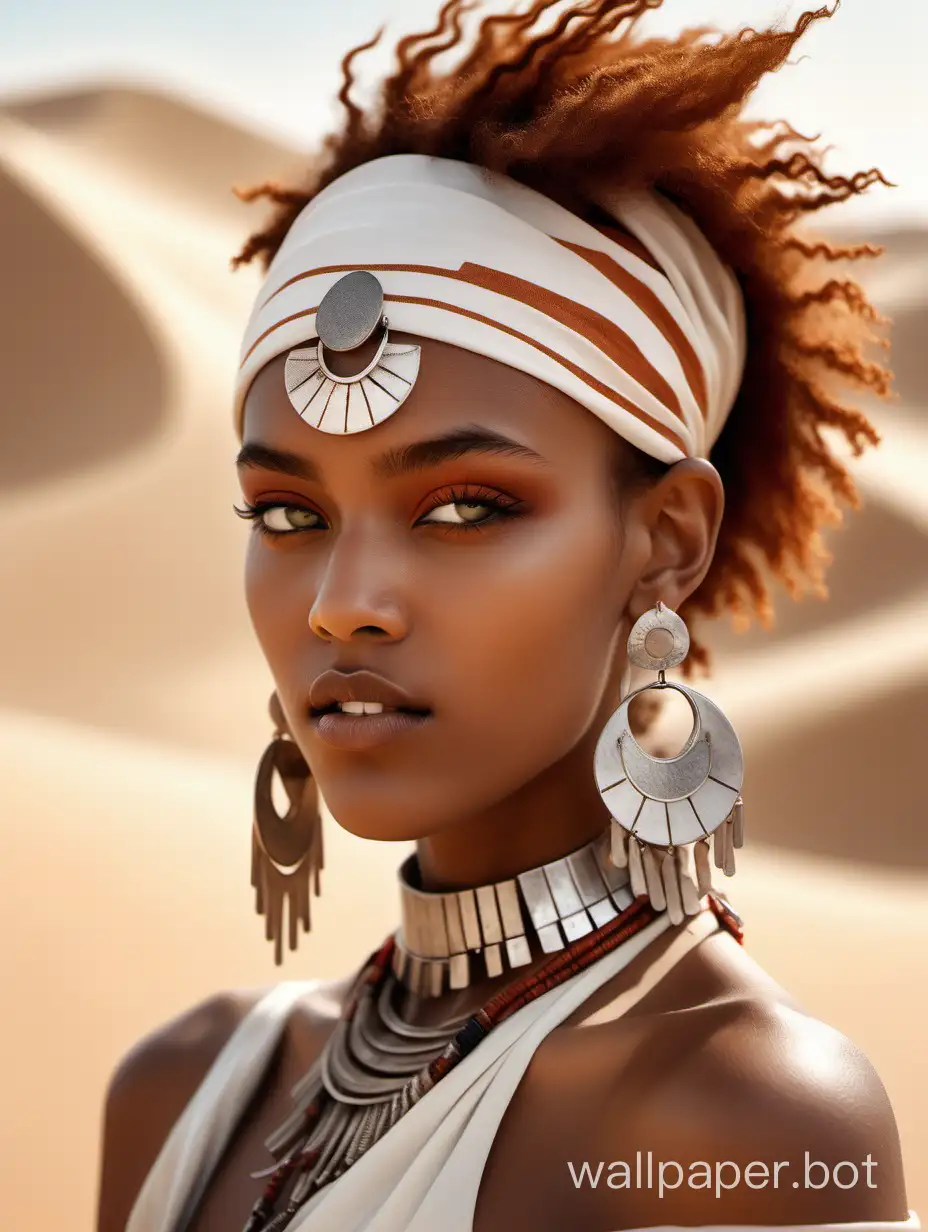 create a close up of a young model with white and rust hue colour, glowing skin, and bold earrings, wearing tribal high fashion, sanding in sand dunes background, realistic photo, excellent visual focus on the face, eyes and clothing through the processing of light and textures of the fabric, make sure the clothing, make up and headwear compliment each other, and the final image should be high fashion and impressive. v6