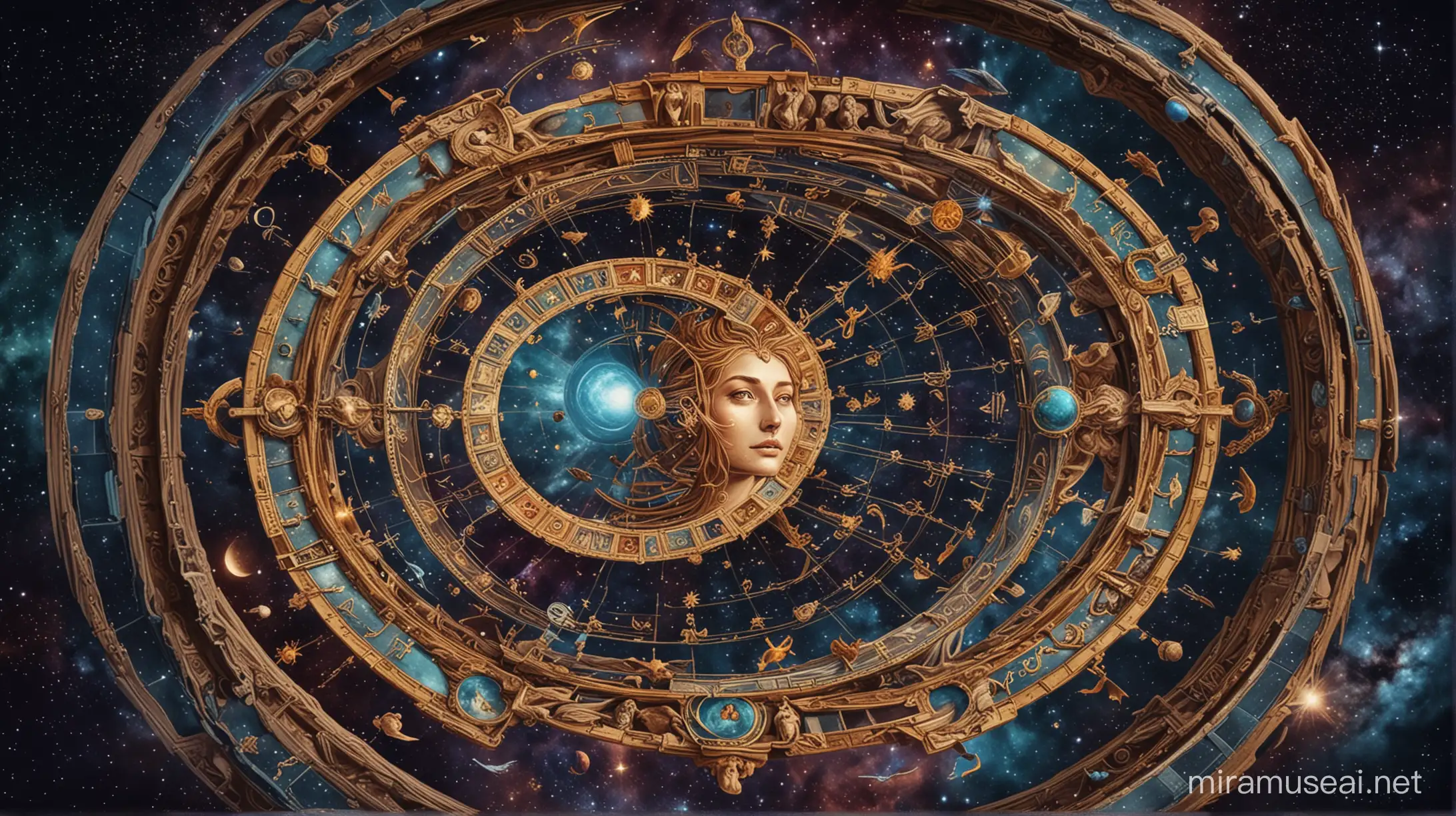 astrological wheel with human faces flying around the wheel in the universe in a fantasy style