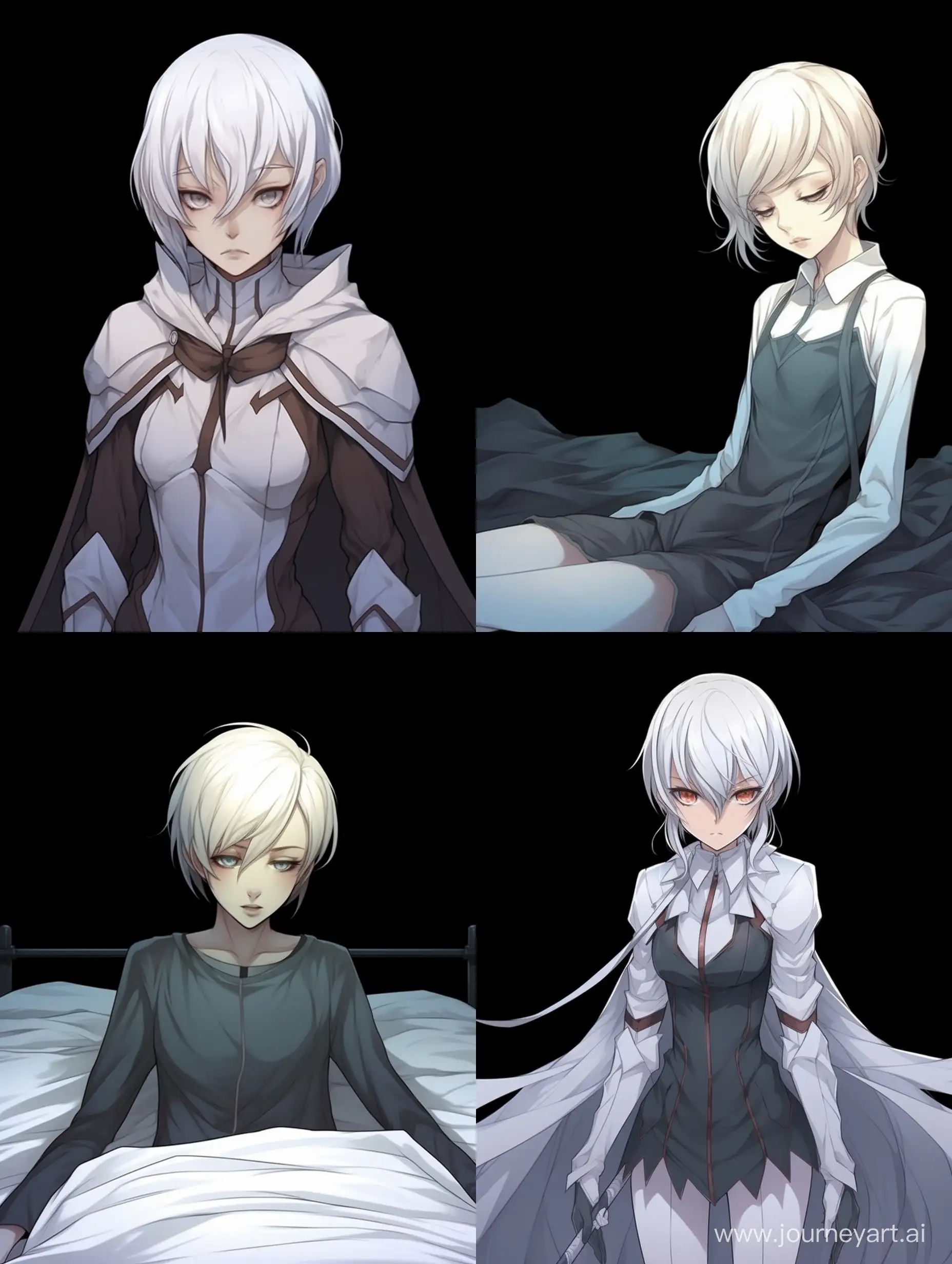 A serious looking woman with pale skin and short white hair average chest.
She has just woken up from cryosleep.
anime character