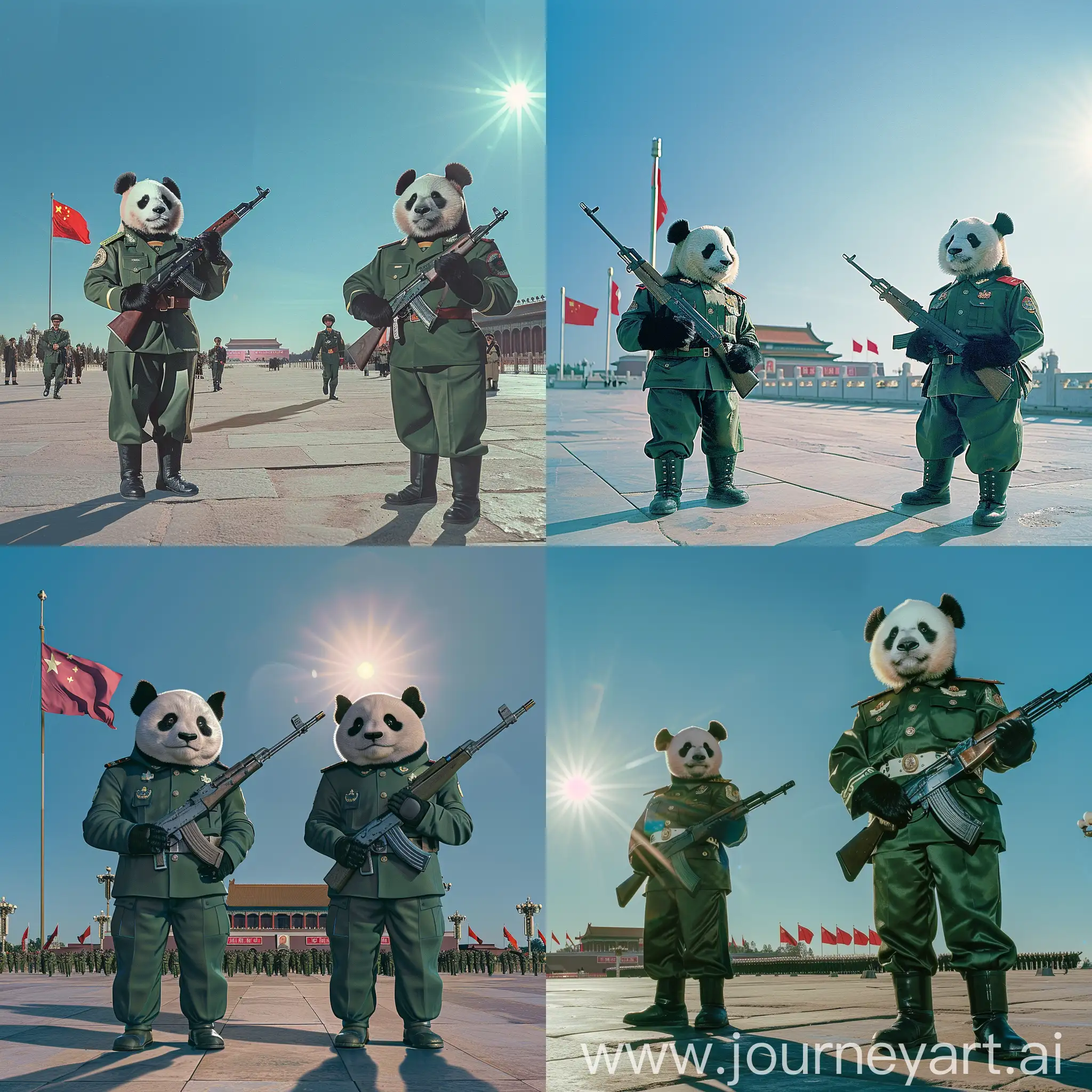 only two cute pandas are in deep green Chinese PLA guards of honor military uniforms and pants, each of them hold a QBZ-191 assault rifles in each of their hand, before Beijing Tian'anmen Square, there is a Chinese flag at the Tian'anmen Square, sun in blue sky