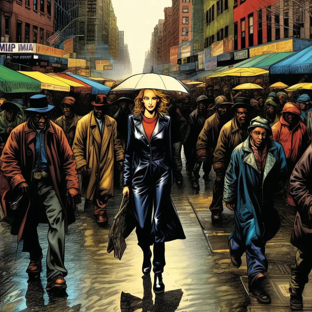 Uma Thurman Street Scene Reminiscent of OldTime Comics in New Yorks Rainy Day