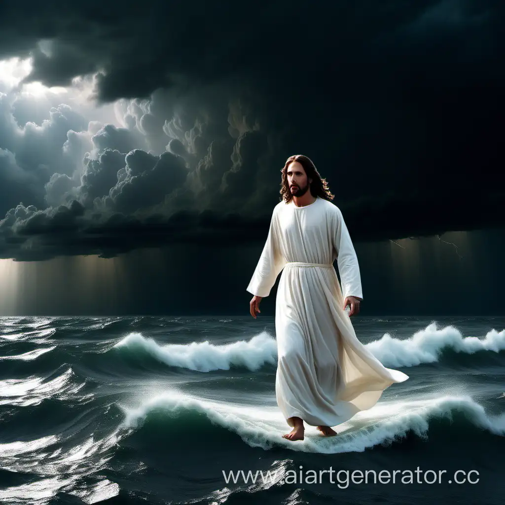 Jesus Walk on the water, white long dress, clodu sky, big storm