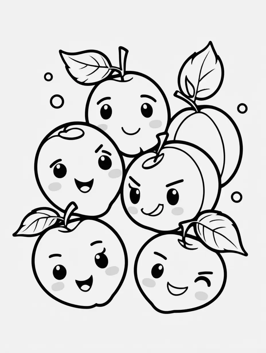 coloring book, cartoon drawing, clean black and white, single line, white background, cute plums, emojis