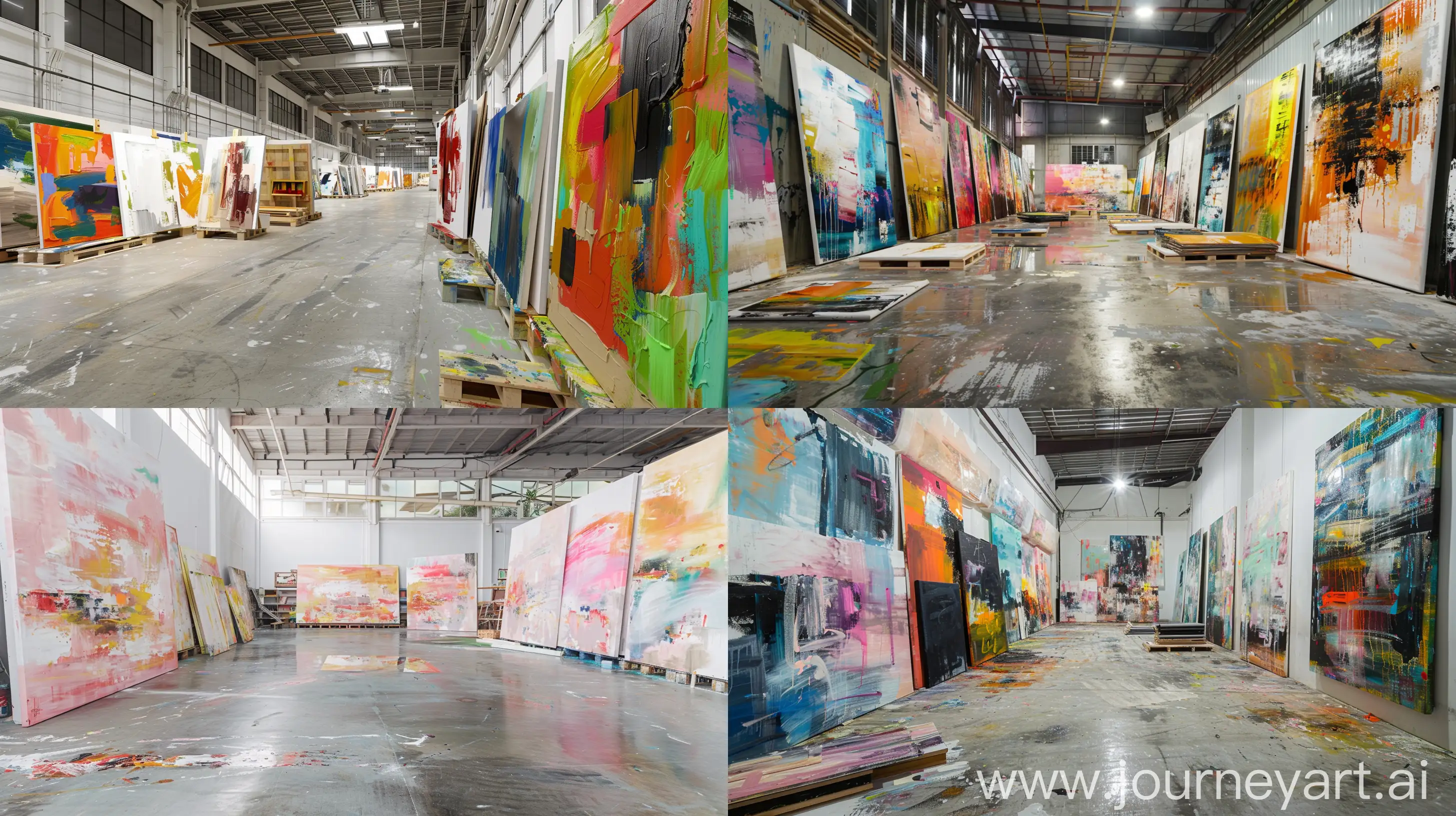 超大型油画工厂里堆满了没有装裱画框的纯手绘抽象油画作品，（（干净不反光的水泥地面））、（8K 分辨率绘画质量，全景）--ar 16:9 --v 6 --iw 2