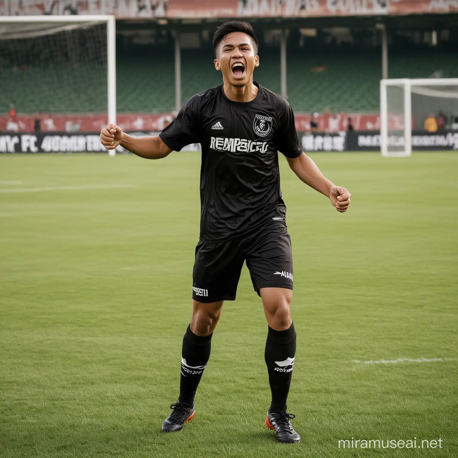 photo of a soccer player Indonesian  wearing a black team shirt with the words "REMPAS FC" on the front of the shirt, black drawstring, black socks, black soccer shoes, celebrating victory with a screaming facial gesture. football field background
