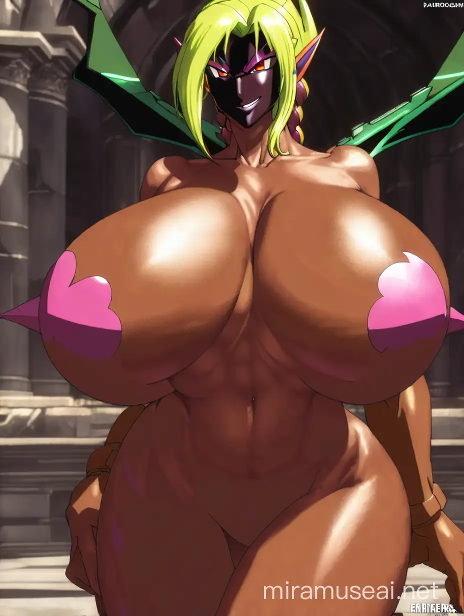 Fusion of: (((Generalissimo Samus Aran from "Metroid" Empress Morrigan Aensland from "Darkstalkers"))), ((((amazingly extra humongous breasts)))),(((muscularly voluptuous body))),((((muscular abs,tanned-skin)))), by artist "Kentaro Miura",