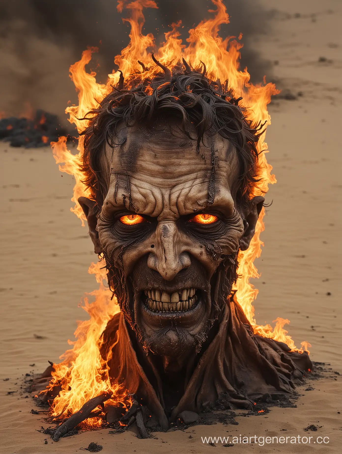 Coloque Lucifer com a face deformada  e mosttuosa envolto pelo chamas no deserto em chamas do inferno agoniza de sobre o solo