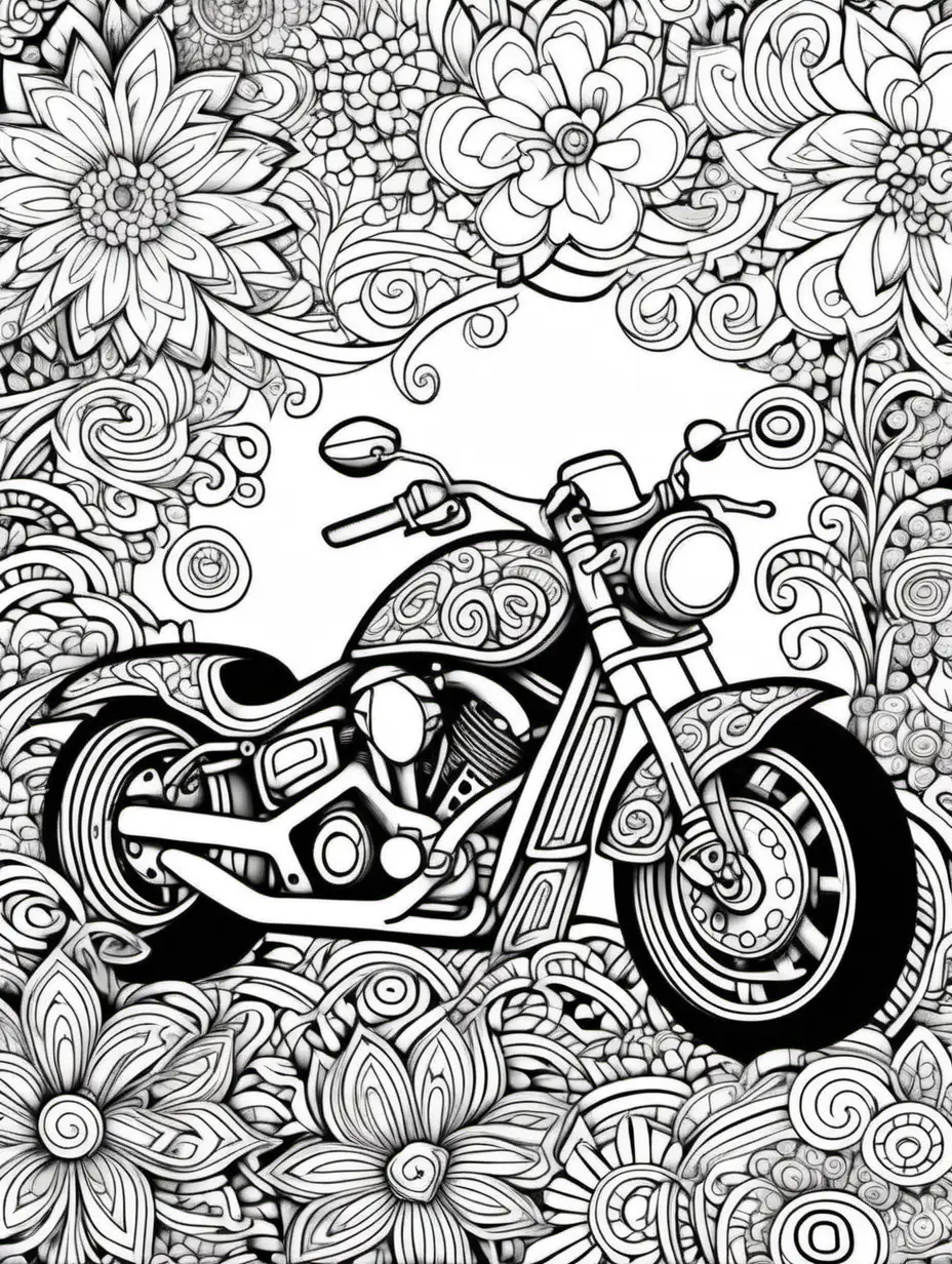 motorcycle, adult coloring page, doodle floral art background, black and white, thick black lines, clean edges, full page