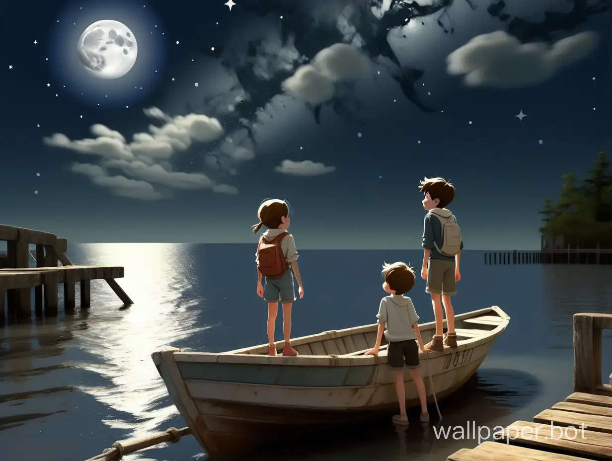 The boy and the girl climb into a boat at an old pier under the starry sky with the moon.