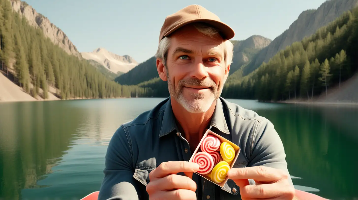 Beautiful lake. Handsome adventurous American man of 45 years presents one candy