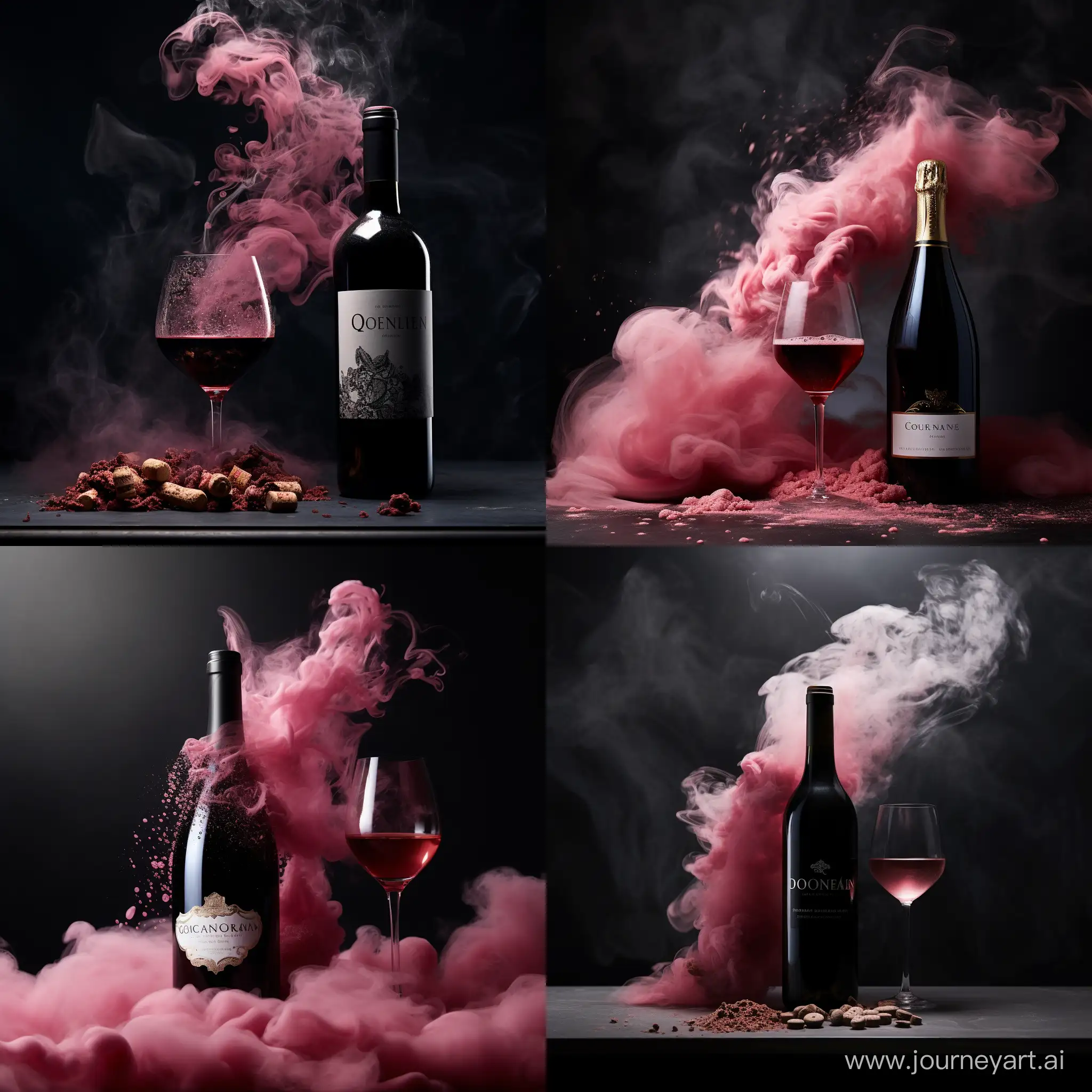Prompt 
smoke from a bottel of wine artistically forms the name with a pink smoke "Queen"