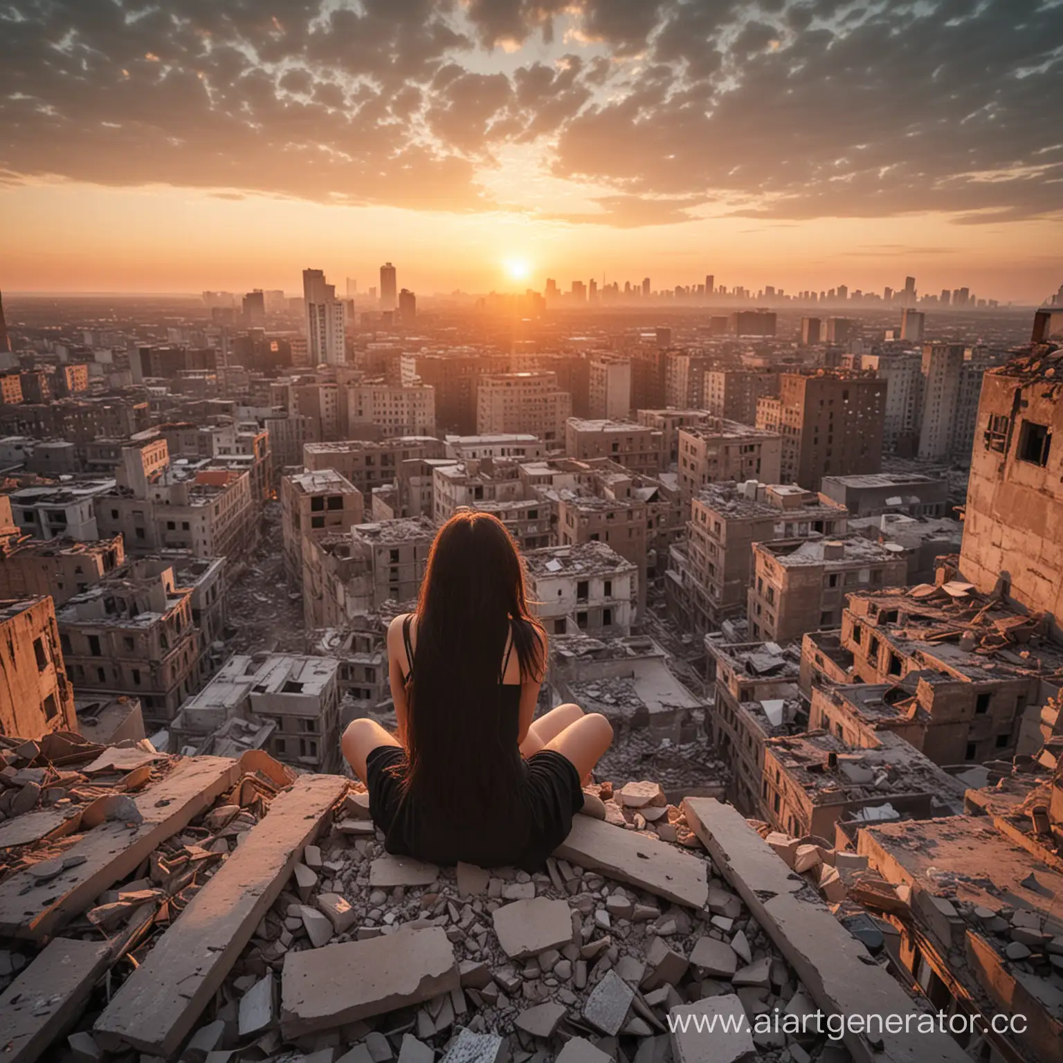 Темноволосая девушка сидит на обломке здания высокого, сидит спиной, смотрит на заброшенный город впереди, там закат на фоне еще 