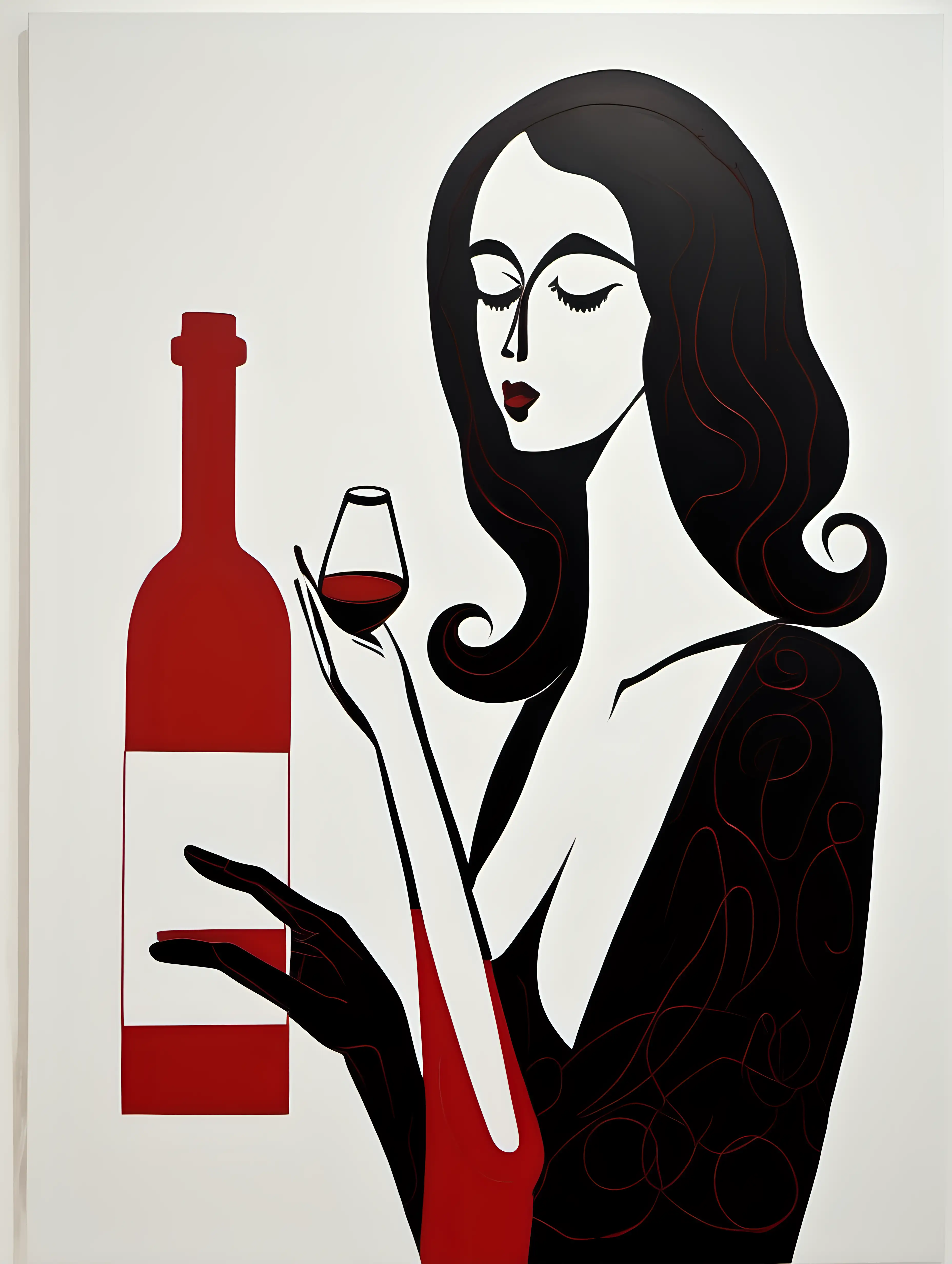 Modern art simple shapes, large stokes. A lady watching at a bottle of wine. Pay attention to arms and fingers. white background, red, black, and a scele of brown