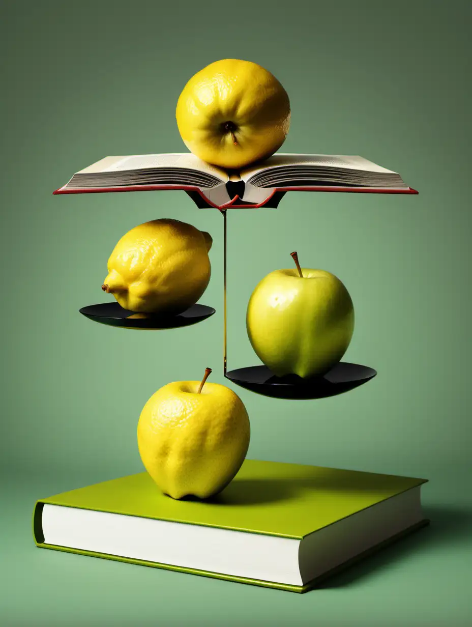 Still life digital art of well balanced book, apple, lemon, floating, minimalist