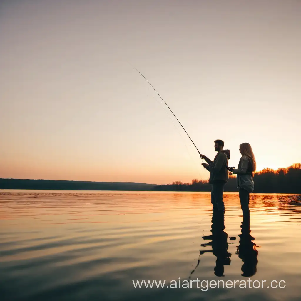 Девушка и парень со светлыми волосами рыбачат на озере на закате