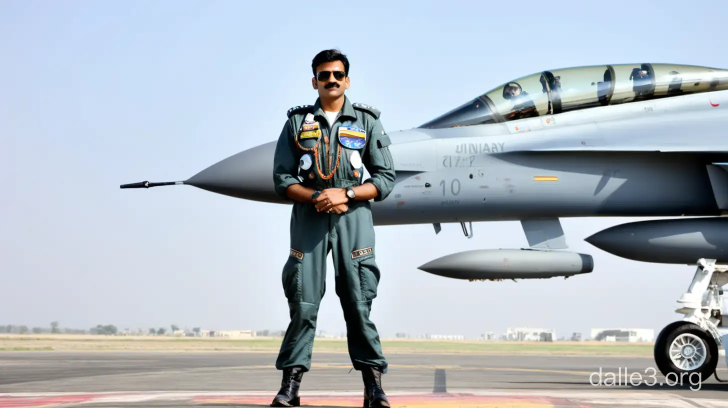 A fit Indian airforce pilot stands in front of a fighter jet 