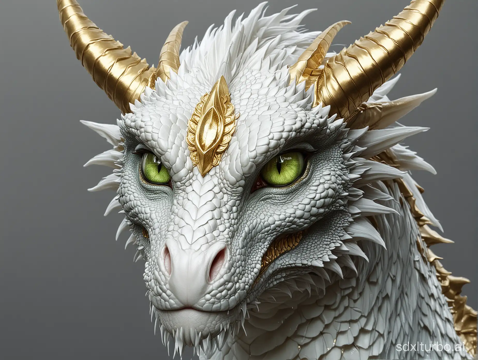 realistic, green eyes, dragon with golden scales, , pearl-white horns