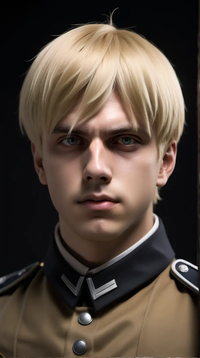 Armin Arlert, young, as a real person, besitzt ein rundes Gesicht, das von seinen kinnlangen blonden Haaren umrahmt ist, as a soldier in the Survey Corps, photo-realistic, hyper-realistic