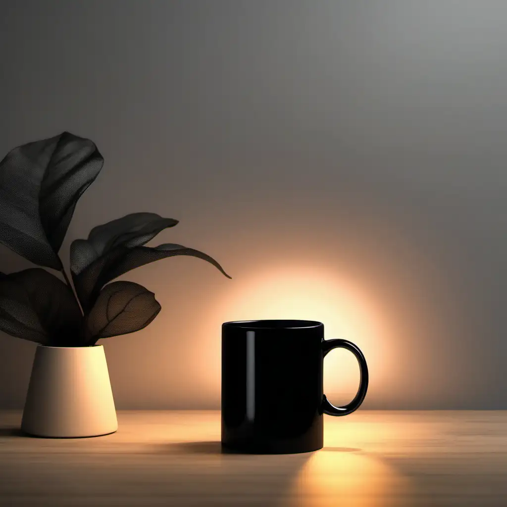 Maquete de uma caneca preta, em cima de uma mesa, com um ambiente iluminado em volta.