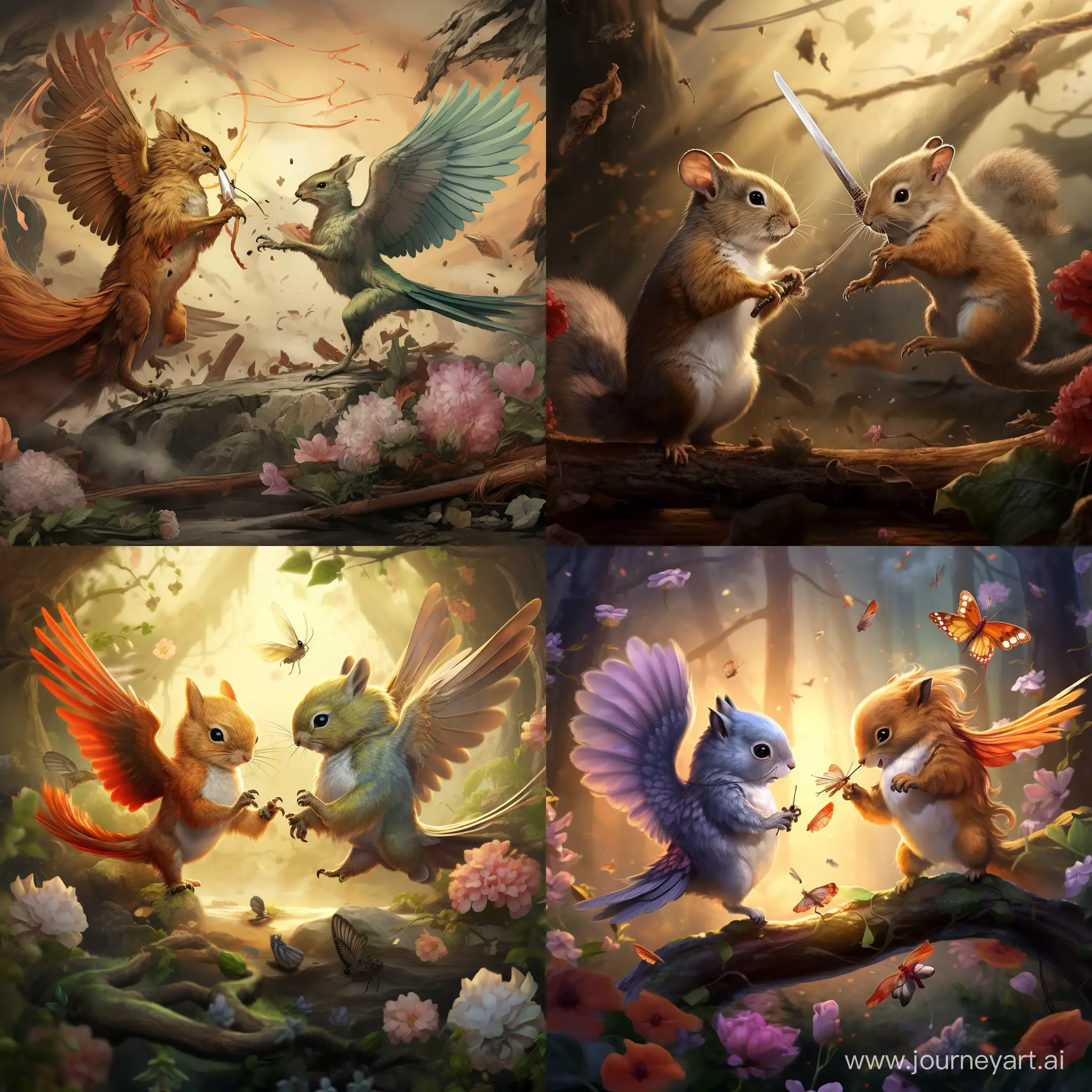 Anime style, Squirrel fights against hummingbird, epic battle, battle to the death