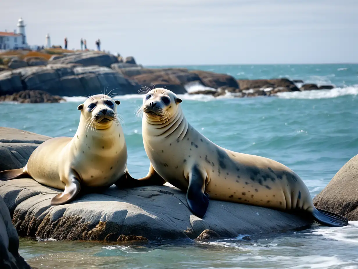 Two seals on a rock by the ocean 