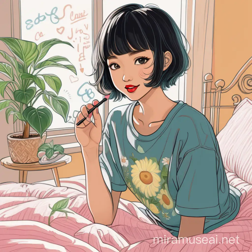 Drawing of one cute Asian young adult, black healthy short hair, wearing anime inspired outfits, perfect body, she has refreshing innocent visual, she is applying a lipstick , the expression is smile, she is an INFJ so make sure able to express her romantic and peaceful attitude. The background is kawaii bedroom, make sure there is a fresh plant. Landscape. Best quality. The painting looks like created by Van Gogh style.